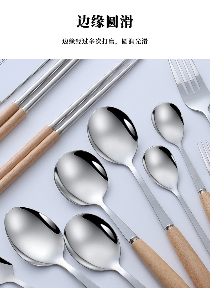 日式木柄不锈钢刀叉勺子西餐牛排刀实木不锈钢餐具汤勺水果甜品叉
