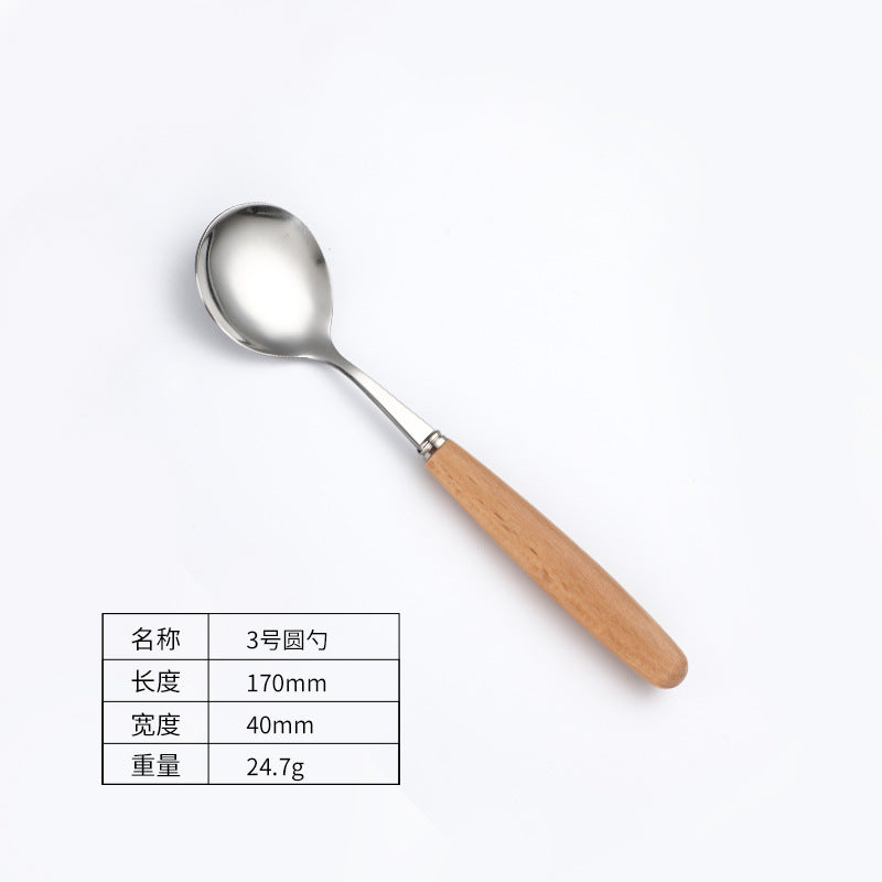 日式木柄不锈钢刀叉勺子西餐牛排刀实木不锈钢餐具汤勺水果甜品叉