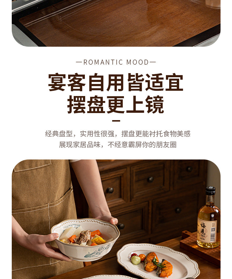 复古法式玫瑰釉下彩碗碟套装家用高颜值陶瓷碗乔迁盘子陶瓷餐具