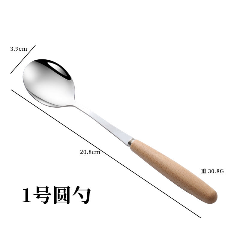 日式木柄不锈钢刀叉勺子西餐牛排刀实木不锈钢餐具汤勺水果甜品叉