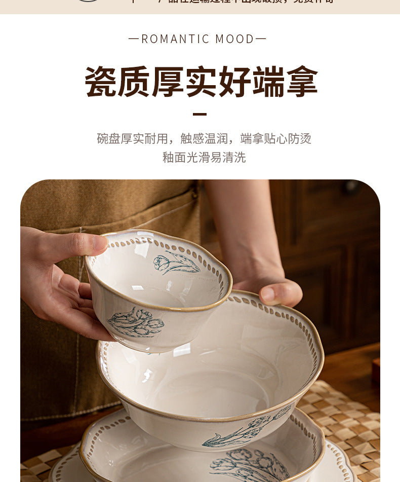 复古法式玫瑰釉下彩碗碟套装家用高颜值陶瓷碗乔迁盘子陶瓷餐具