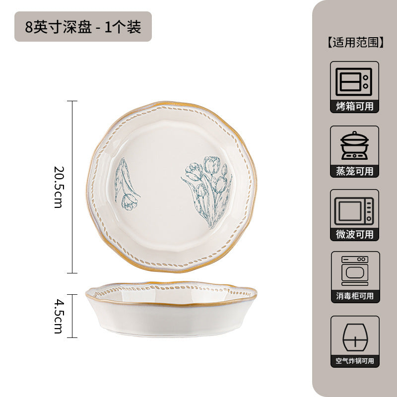 复古法式玫瑰釉下彩碗碟套装家用高颜值陶瓷碗乔迁盘子陶瓷餐具