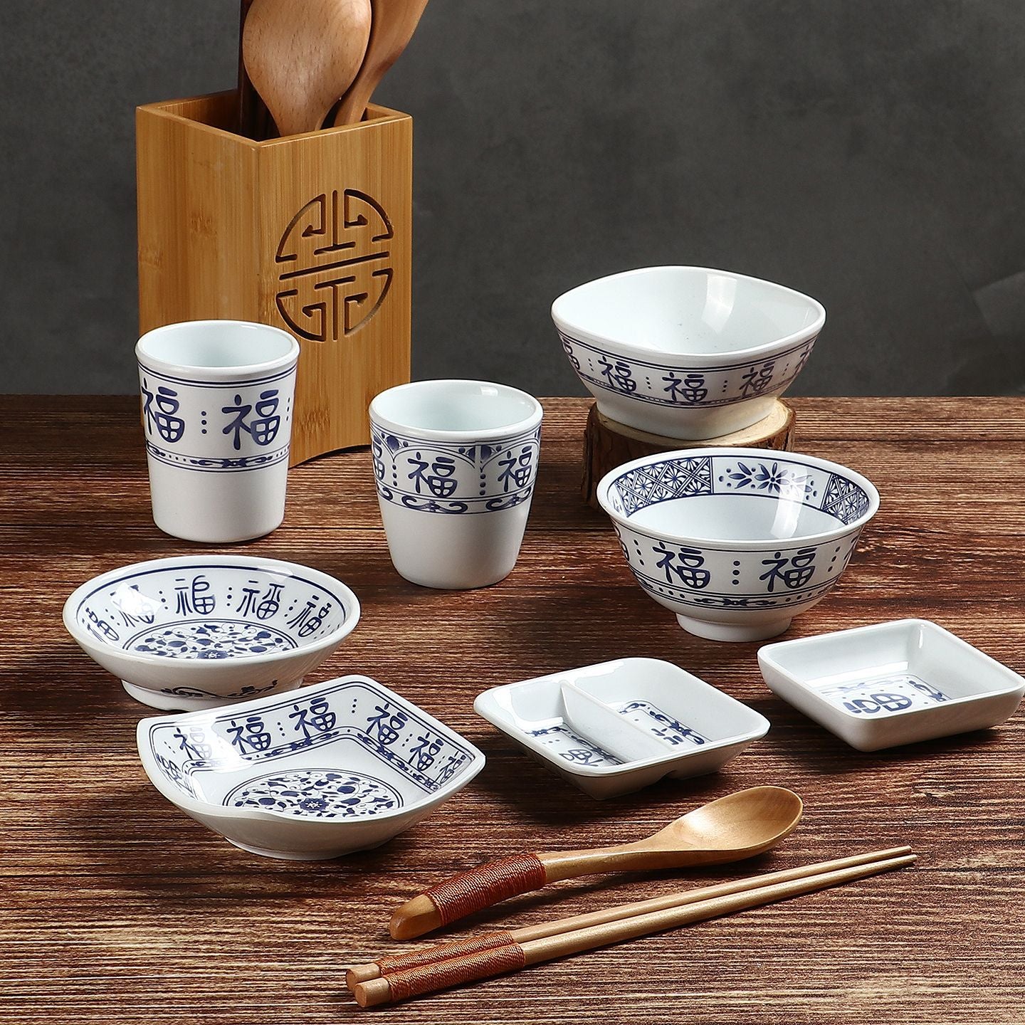 商用密胺福字青花瓷小碗仿瓷餐厅饭店火锅蘸料碟饭碗粥碗快餐汤碗