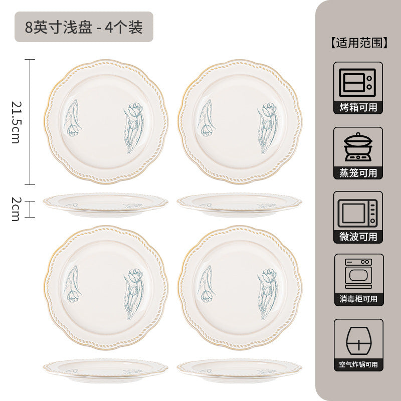 复古法式玫瑰釉下彩碗碟套装家用高颜值陶瓷碗乔迁盘子陶瓷餐具