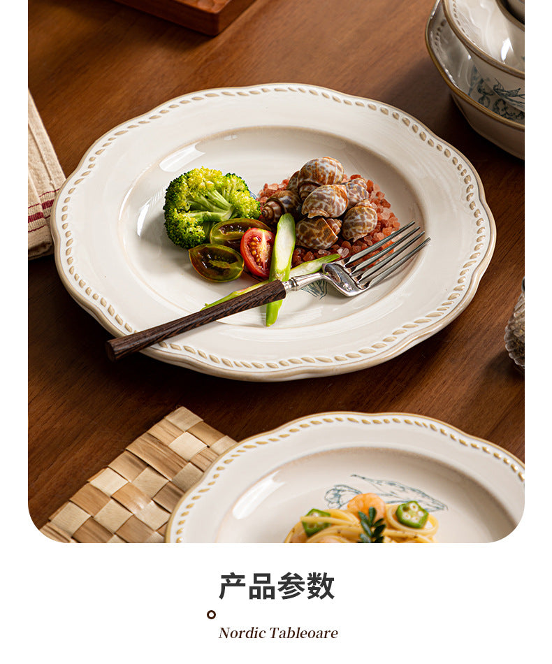 复古法式玫瑰釉下彩碗碟套装家用高颜值陶瓷碗乔迁盘子陶瓷餐具