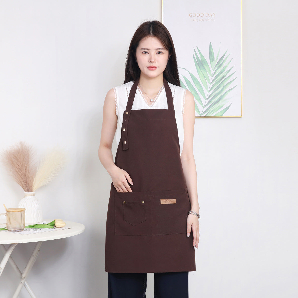 夏季帆布围裙批发家用厨房广告服务员围腰防水防油素色工作服围裙