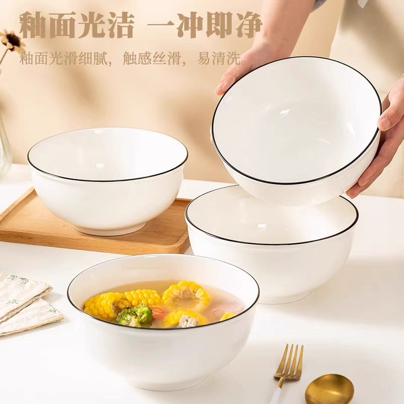 高颜值纯白黑线陶瓷圆碗耐高温釉下彩家用餐厅陶瓷汤碗餐具简约款
