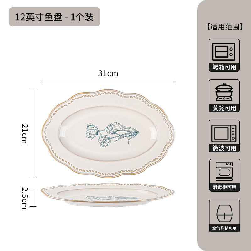 复古法式玫瑰釉下彩碗碟套装家用高颜值陶瓷碗乔迁盘子陶瓷餐具