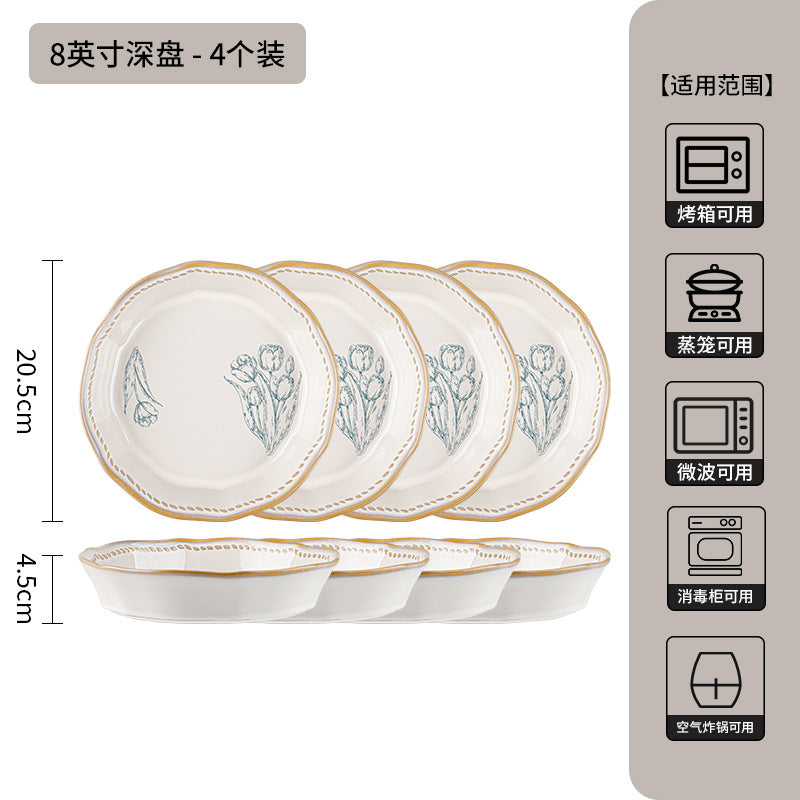 复古法式玫瑰釉下彩碗碟套装家用高颜值陶瓷碗乔迁盘子陶瓷餐具