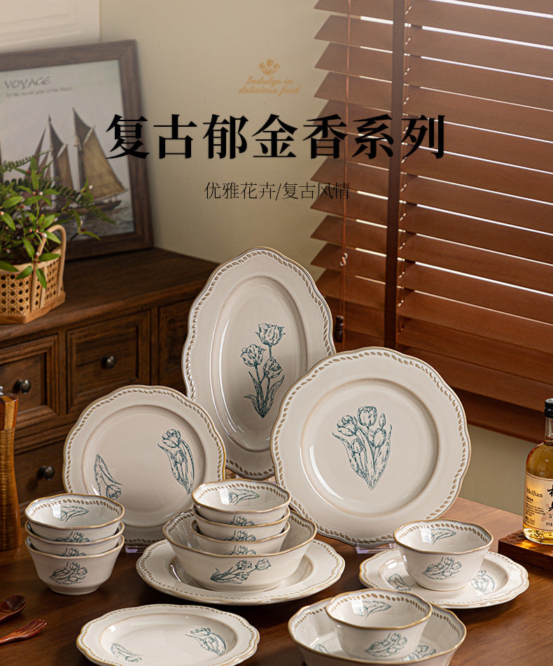 复古法式玫瑰釉下彩碗碟套装家用高颜值陶瓷碗乔迁盘子陶瓷餐具