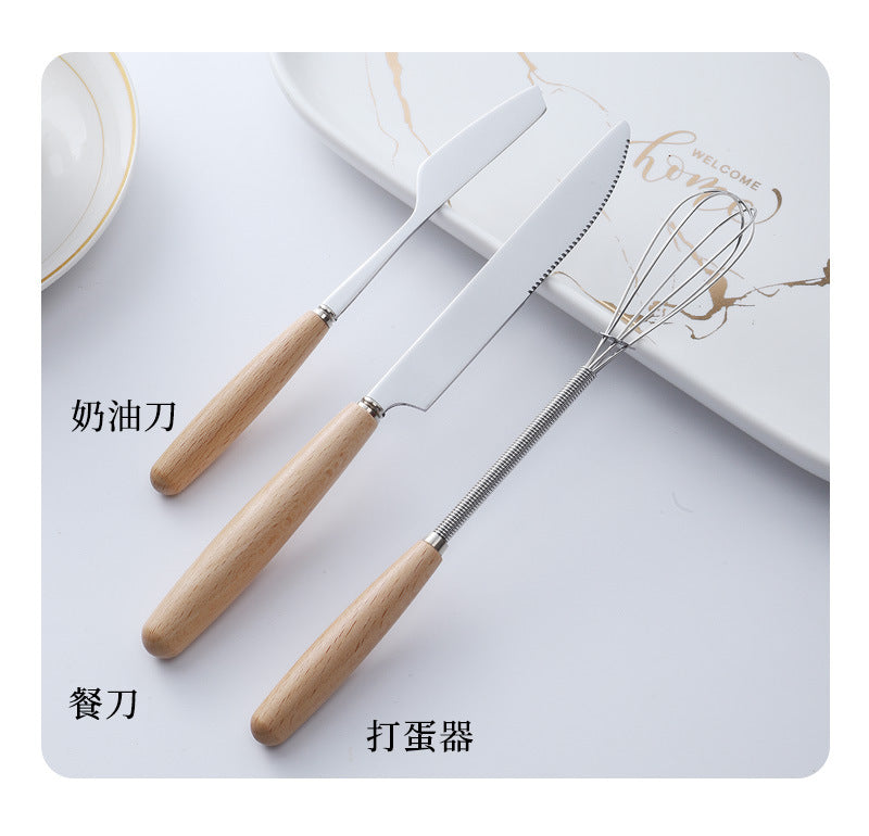 日式木柄不锈钢刀叉勺子西餐牛排刀实木不锈钢餐具汤勺水果甜品叉