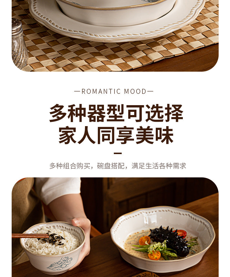 复古法式玫瑰釉下彩碗碟套装家用高颜值陶瓷碗乔迁盘子陶瓷餐具