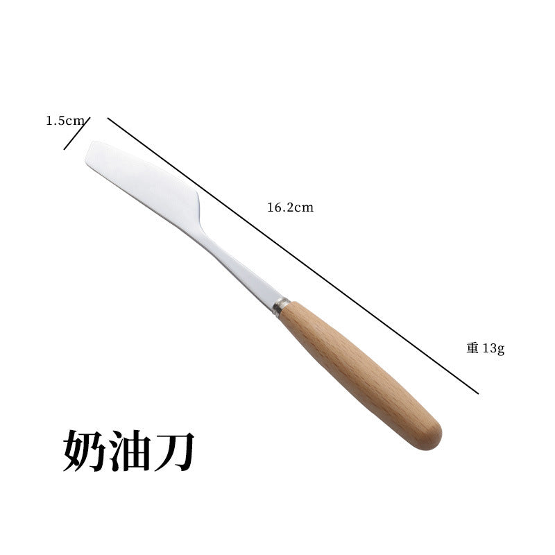 日式木柄不锈钢刀叉勺子西餐牛排刀实木不锈钢餐具汤勺水果甜品叉