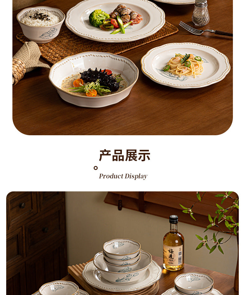 复古法式玫瑰釉下彩碗碟套装家用高颜值陶瓷碗乔迁盘子陶瓷餐具