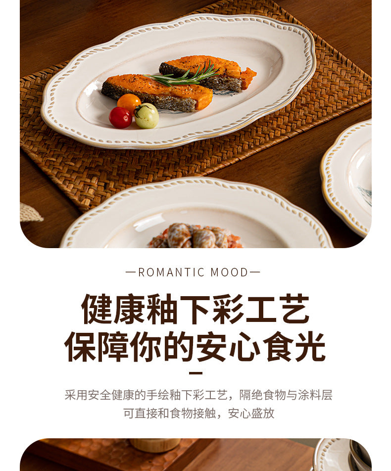 复古法式玫瑰釉下彩碗碟套装家用高颜值陶瓷碗乔迁盘子陶瓷餐具