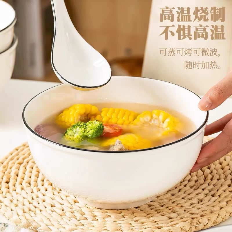 高颜值纯白黑线陶瓷圆碗耐高温釉下彩家用餐厅陶瓷汤碗餐具简约款