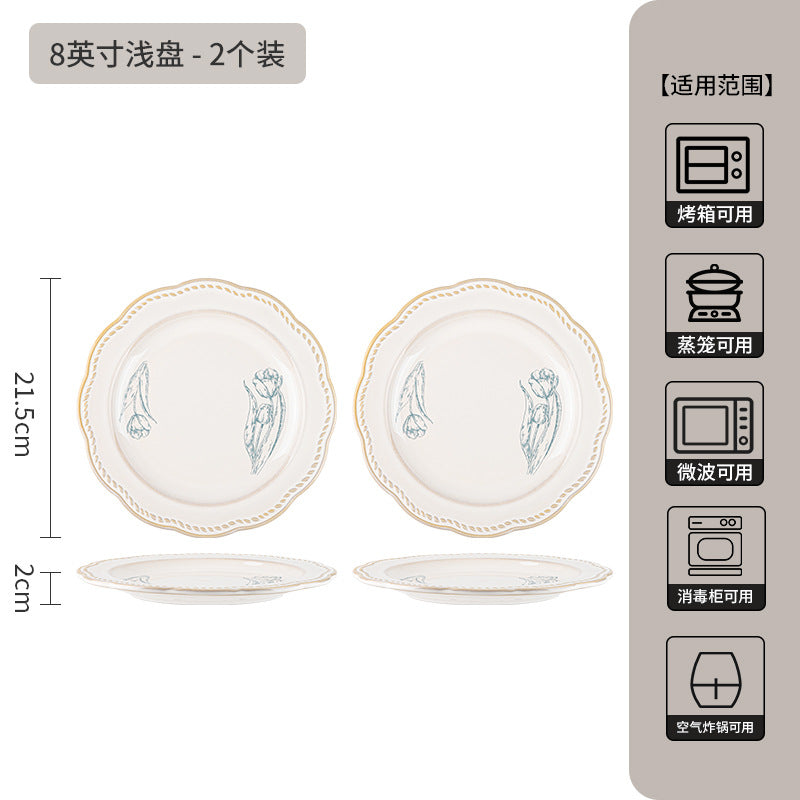 复古法式玫瑰釉下彩碗碟套装家用高颜值陶瓷碗乔迁盘子陶瓷餐具